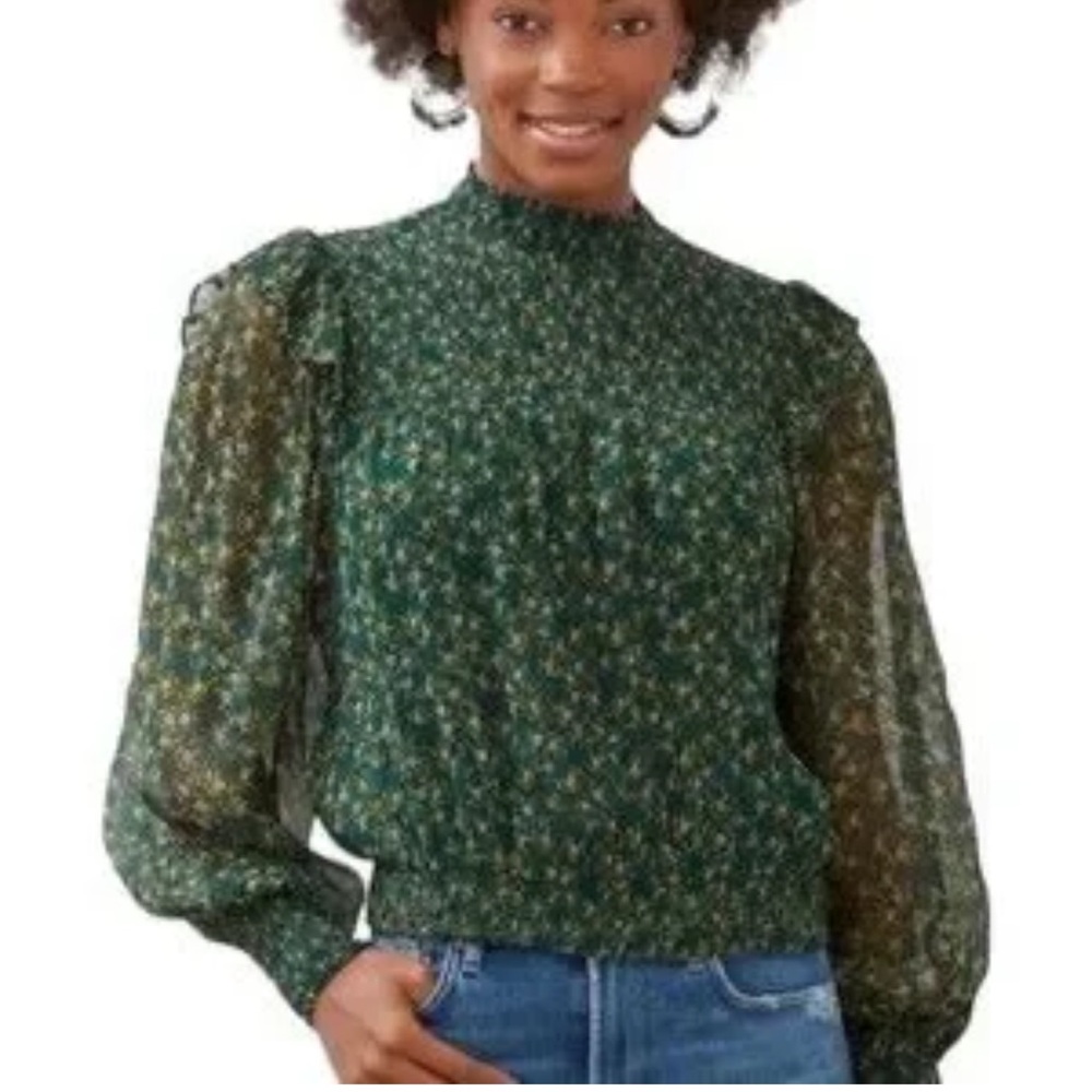 Free People Dark Green Floral Sheer Long-Sleeve Blouse - Picture 2 of 11